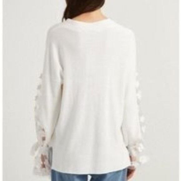 French Connection Caballo Appliqué Flower Sleeve Sweater Small, SUMMER WHITE NWT - Picture 6 of 10